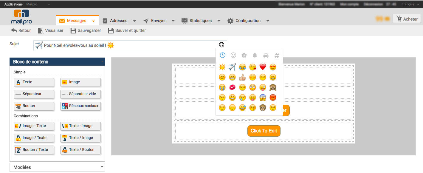 Grâce au constructeur de newsletter de Mailpro, vous insérez facilement des emojis dans vos objets