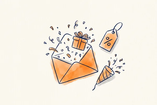Enveloppe dessinée à la main débordant de confettis, avec un paquet cadeau et une étiquette de prix, illustrant un email promotionnel