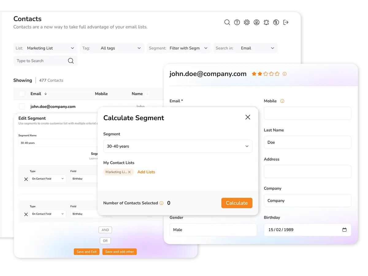 Tableau de bord des contacts avec tags, segments et listes