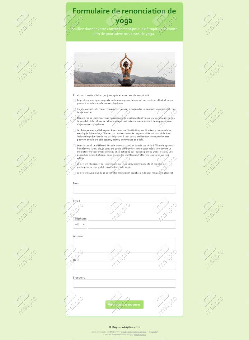 Formulaire de renonciation Yoga