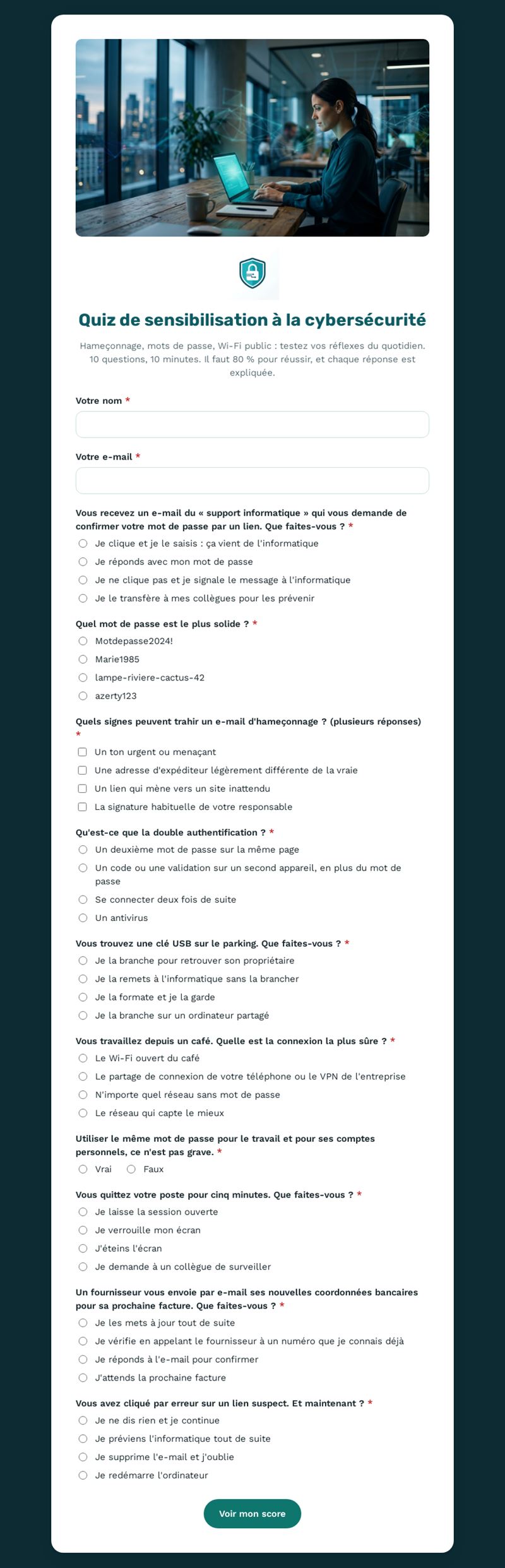 Quiz de sensibilisation à la cybersécurité
