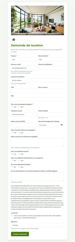 Demande de location en ligne